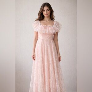 On or off the shoulders Elegant Pink Ruffled Formal Sequin Dress. Gorgeous